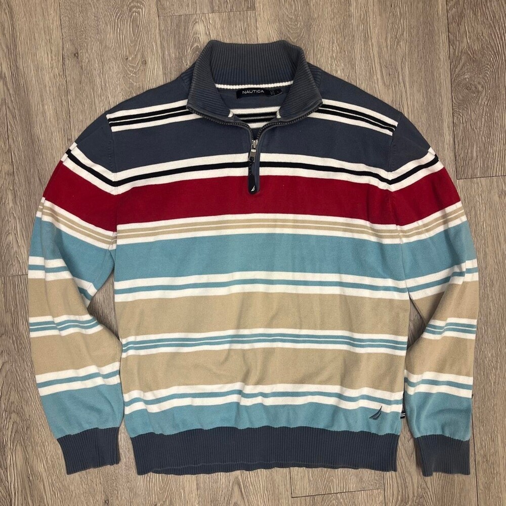 Nautica womens multi-striped quarter-zip knit pullover sweater large